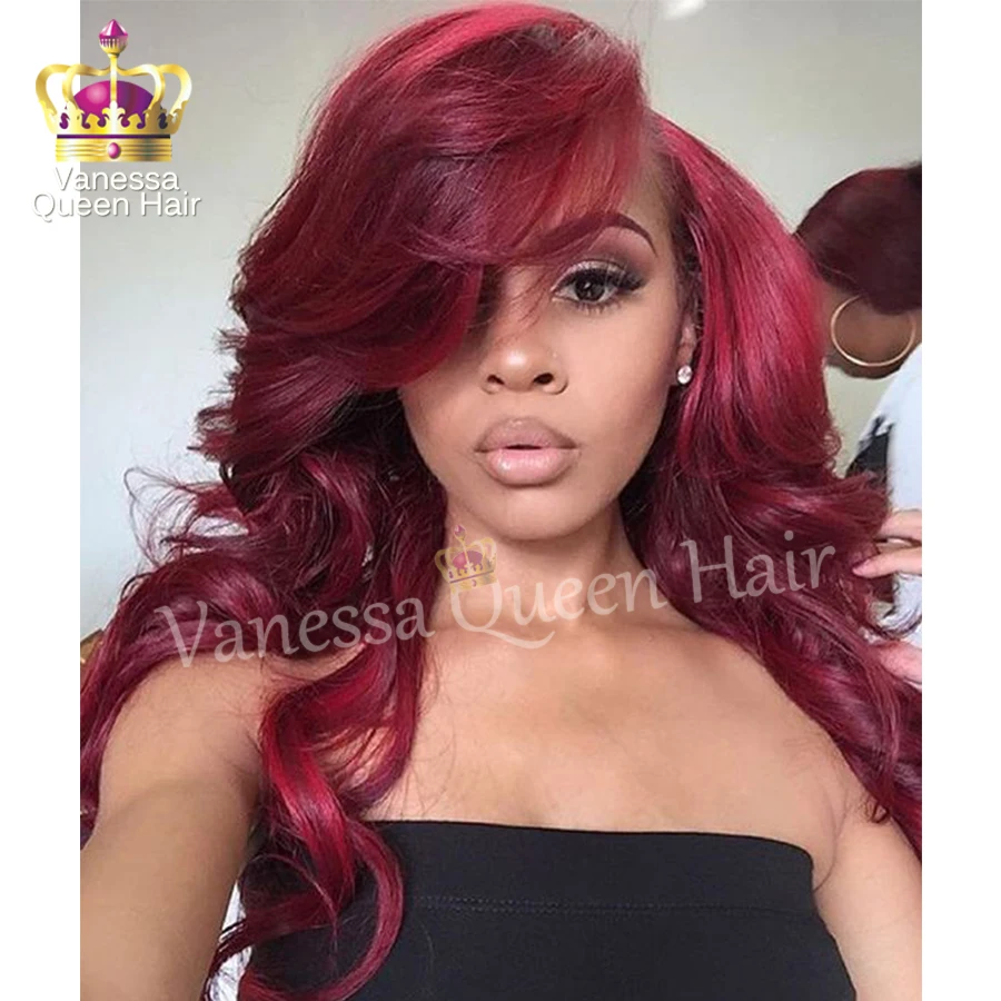 New Cheap Long wavy Wine Red Mix Color Synthetic Lace Front Wig Heat
