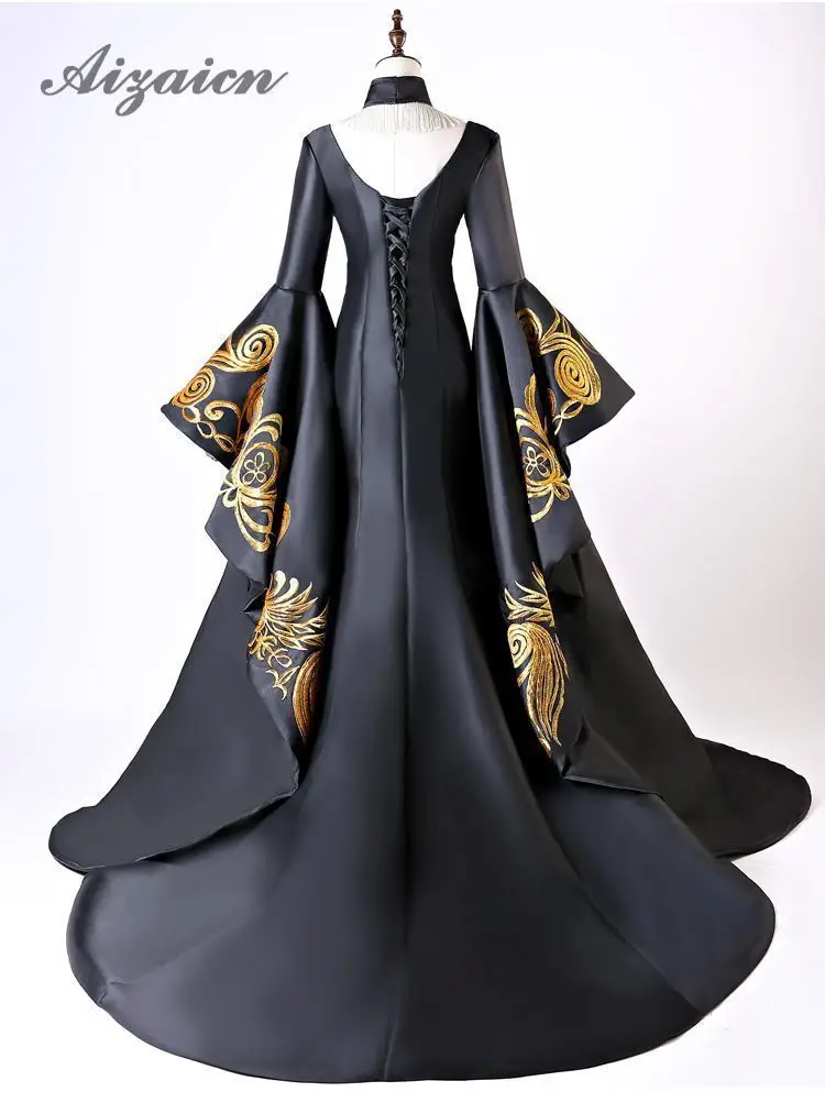 Роскошные черные вечерние платья с шалью длиной до пола, традиционное вечернее платье русалки, винтажное китайское свадебное платье с вышивкой