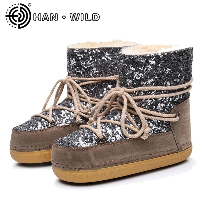 

Fashion 2018 Women Space Boots Natural Woolen Snow Boots Warm Fur Women Ankle Boots Winter Shoes Bling Leather Skiing Boots