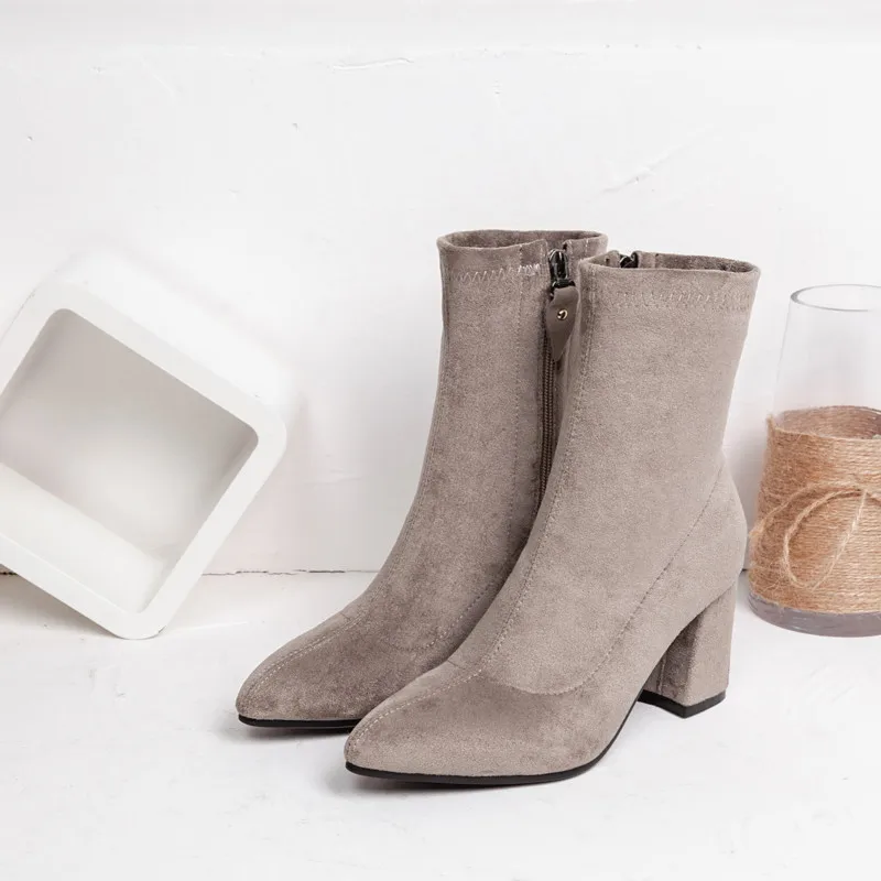 Женские эластичные носки из натуральной кожи; Ботинки martin на Высоком толстом каблуке; дизайнерские ботинки на молнии сбоку; bottes; зимние ботинки; большие размеры - Цвет: gray autumn boots