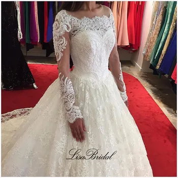 

Robe de mariee New Elegant Wedding Dresses 2017 O-Neck Long Sleeves Chapel Train Beaded Lace Ball Gown Bride Dresses