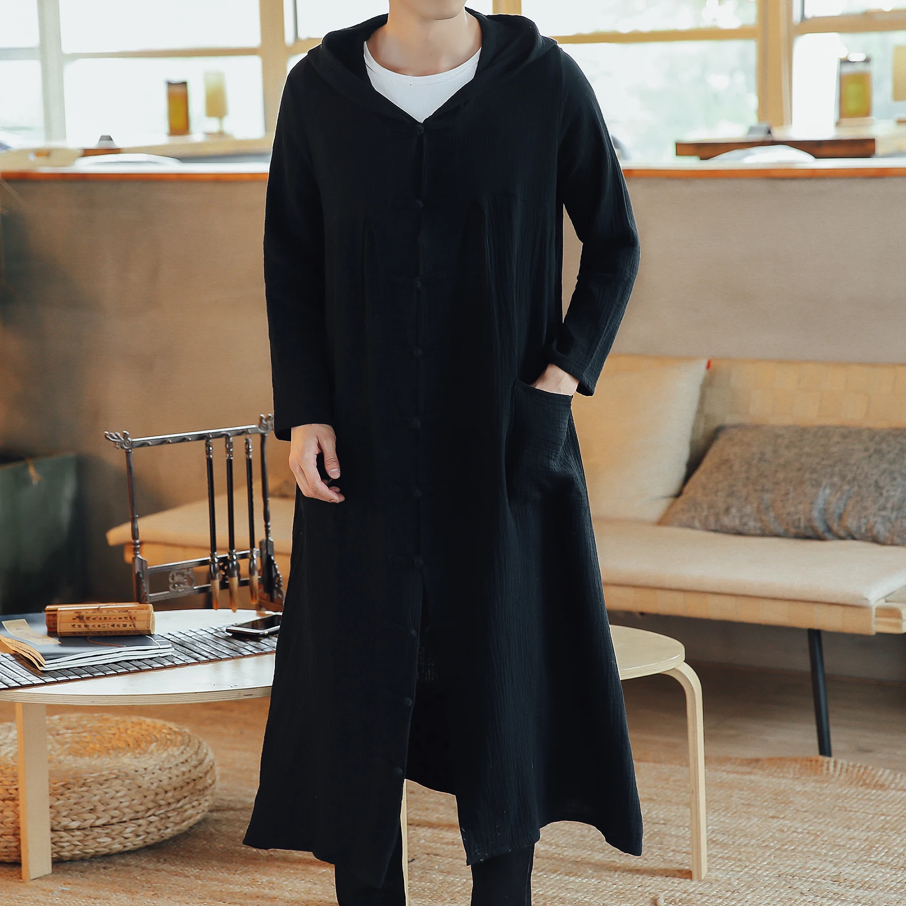 

XIU LUO 5XLMen Long Casual Hooded Trench Coat Spring Autumn Male Loose Hoody Cardigan Jacket Overcoat 2019 New fashion