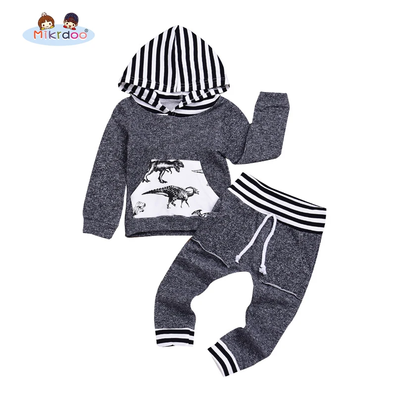 

Newborn Baby Boy Girls Grey Dinosaur Print Clothes Sets Long Sleeve Hooded Casual Clothing Outfit Baby Boy Winter Clothing Set