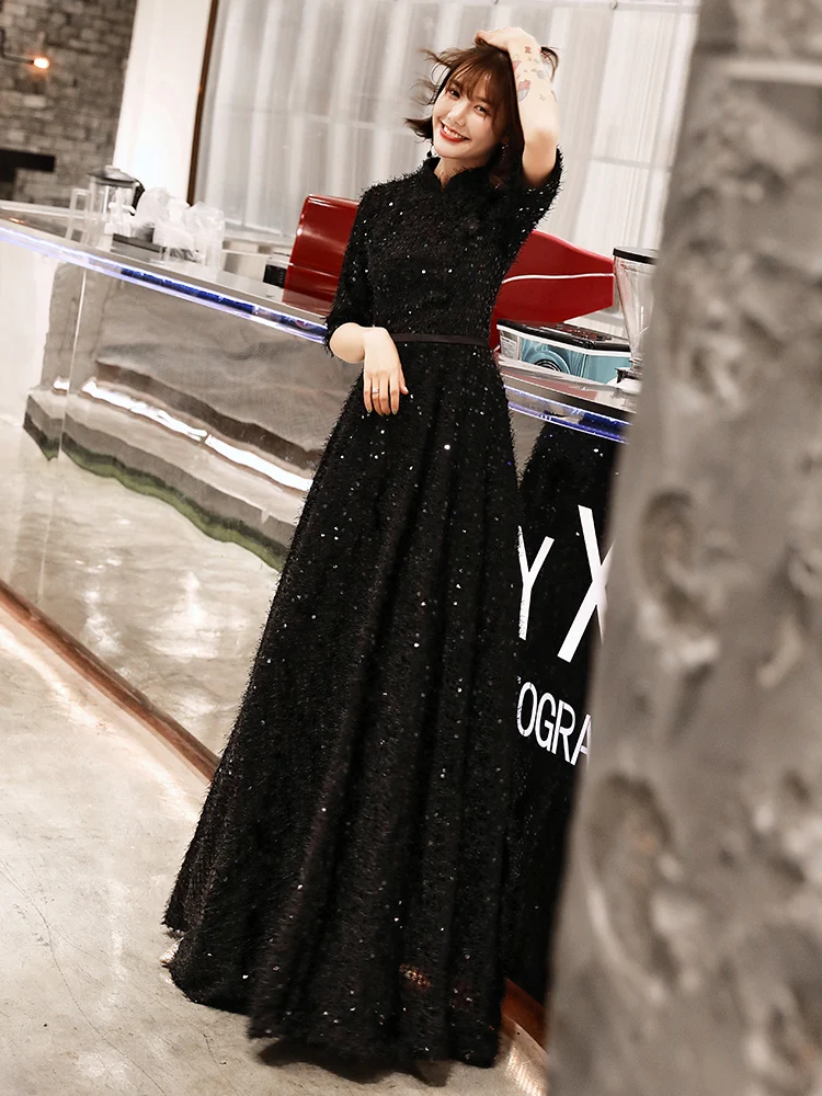 Black Muslim Lace Long Evening Dresses 