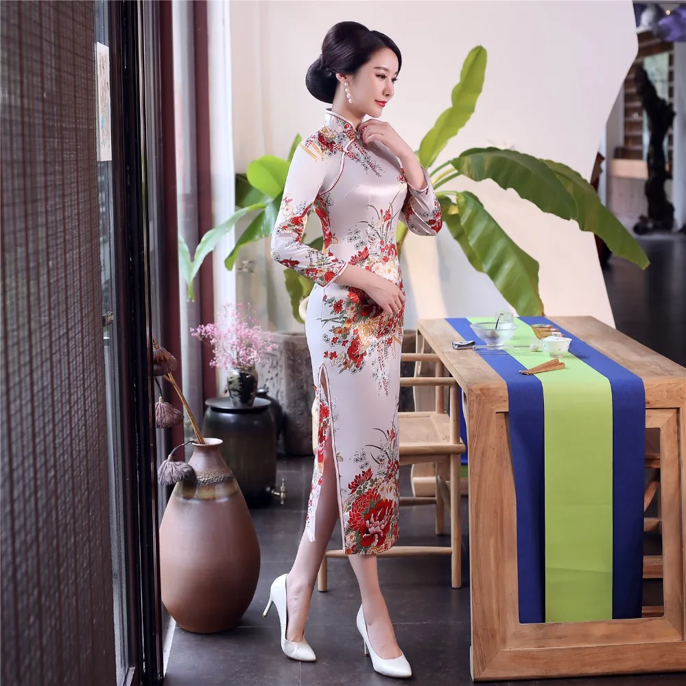 Шанхай история искусственного шелка цветочный Ципао винтажное китайское стильное платье китайское восточное платье павлин Чонсам длинное китайское платье