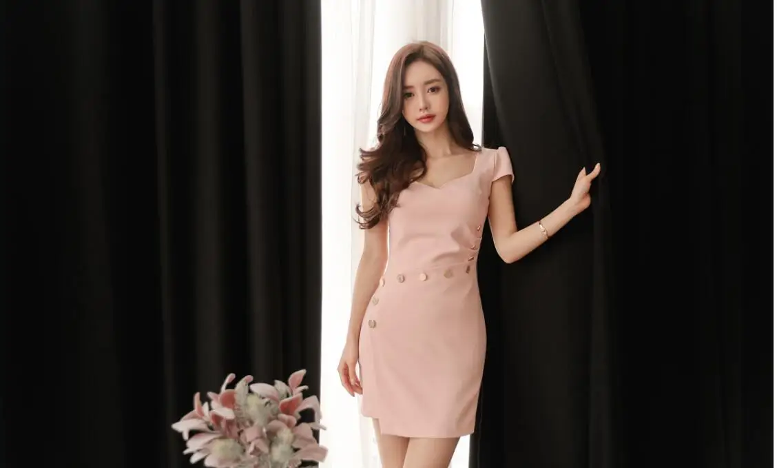 Vestidos Новое корейское высокое качество v-образным вырезом Чистый цвет тонкий сексуальный пакет ягодицы Женское Платье облегающее платье