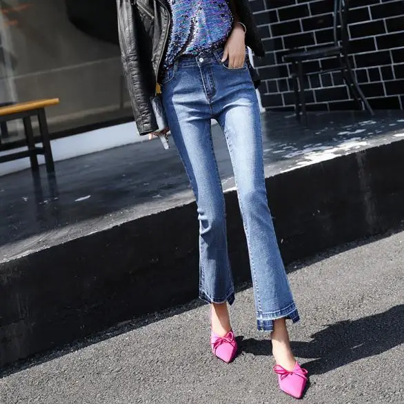 Весна и лето Новые расклешенные джинсы женские тонкие средней талии узкие джинсовые брюки модные девять очков брюки D99 - Цвет: Light Blue