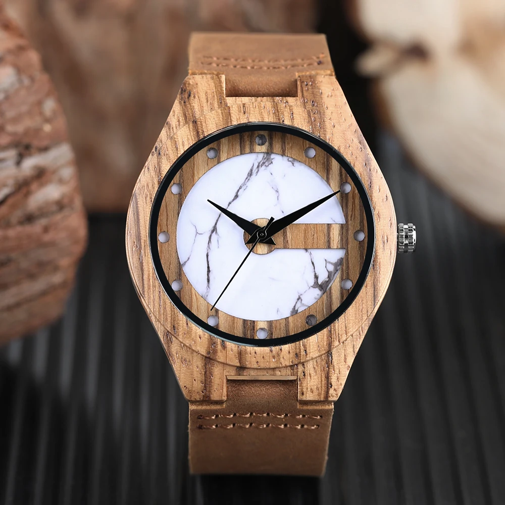 Natural Bamboo Wood Wrist Watch Special Marble Dial Bangle Quartz Watches Genuine Leather Watch Strap Men Women Clock Relogio (20)