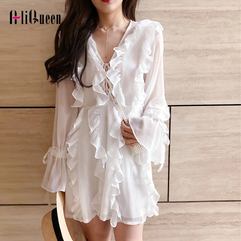 

Women White Flare Long Sleeve Bandage Ruffles Dresses Elegant Sexy Perspective Lace Up Mini Dresses Female Party Dress Vestidos