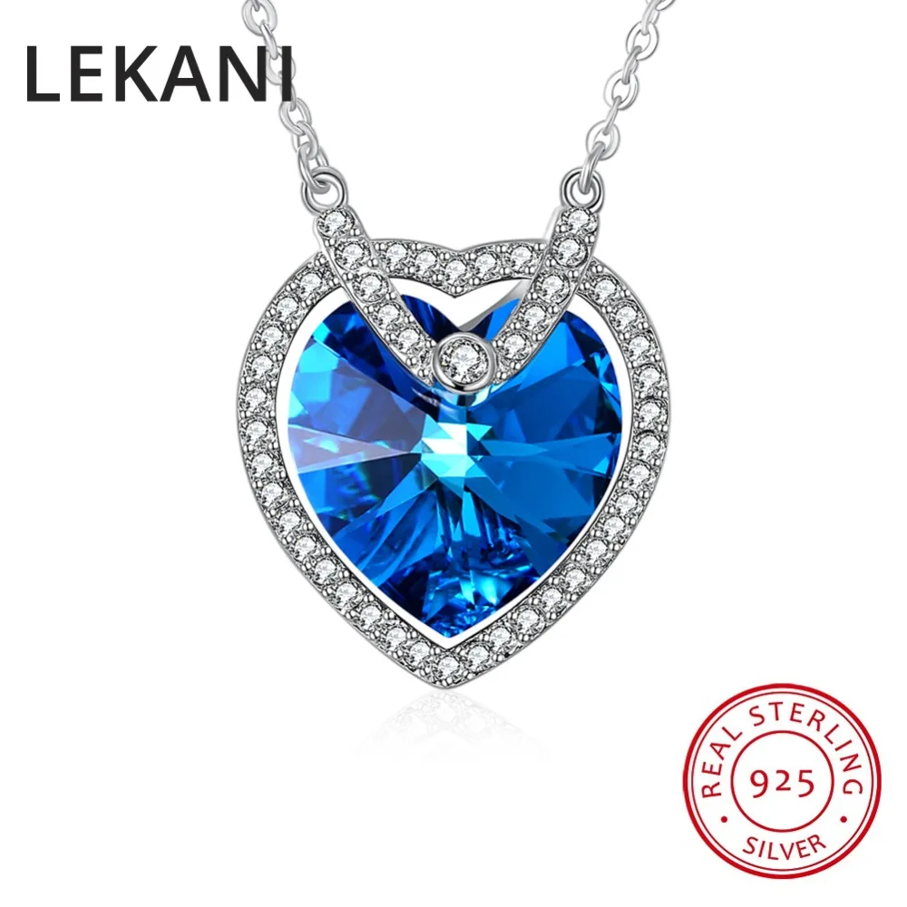 

LEKANI Crystals From Austria Fine Jewelry Real S925 Silver Pendant Necklaces Blue Zircon Heart Collar For Women Lovers Gifts