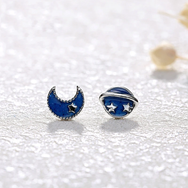 

Personality Creative Starry Sky Earrings S925 Sterling Silver Women Jewelry Exquisite Blue Planet Moon Star Stud Earrings Brinco