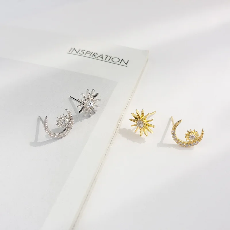 

Stud Earrings Fashion Jewelry 2019 Asymmetrical Design Moon&Sun Gold Earring Zircon Stones 925 Sterling Silver For Women