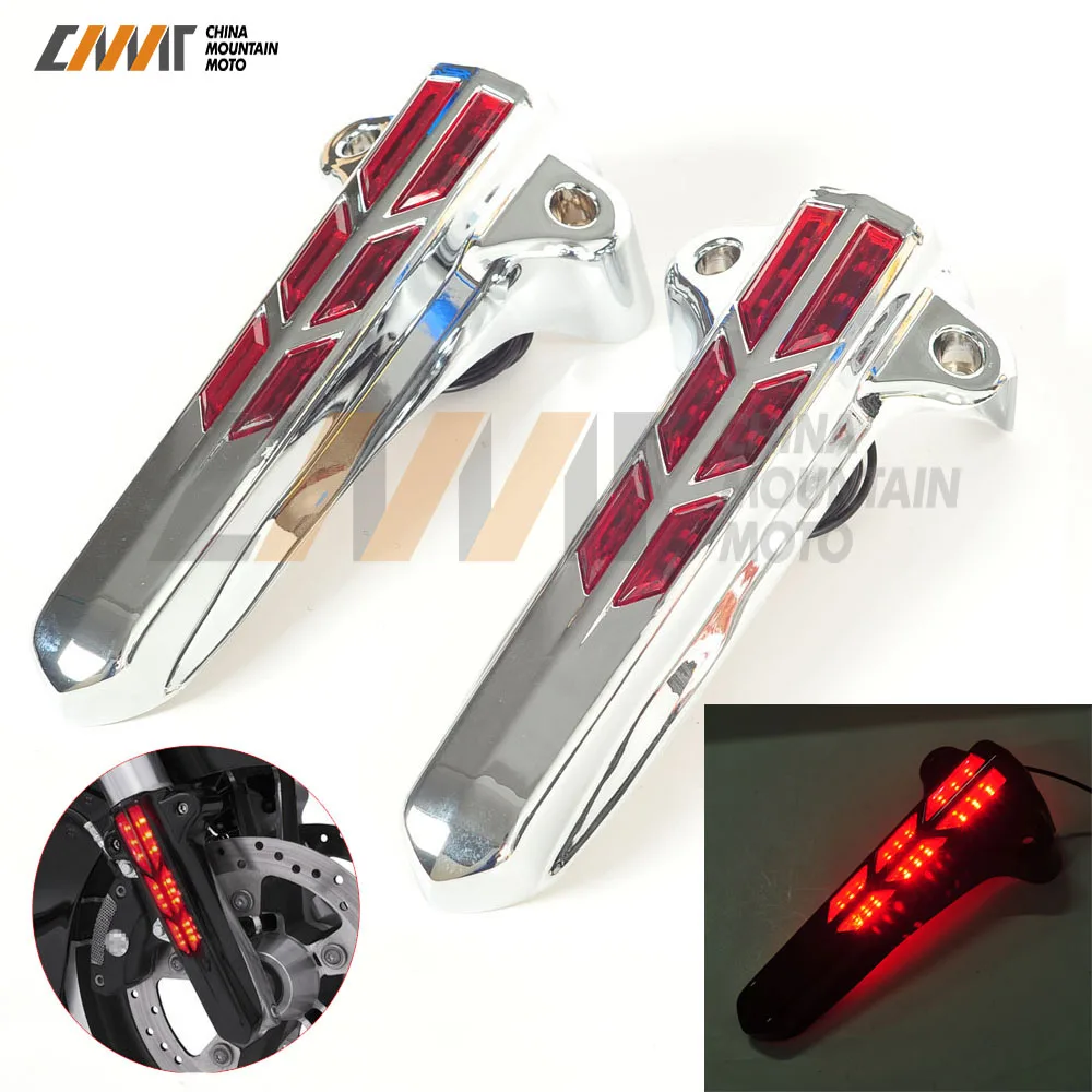 Chrome Motorcycle Front Lower Fork Leg Covers W/ Red LED Case for