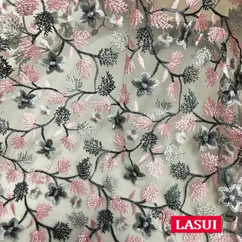

LASUI NEW 3 yards=1 piece X0507 Pink + gray green flower Multi-color white mesh lace embroidery fabric