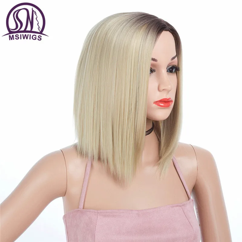 MSI Wigs, черный блонд, короткие прямые парики, синтетический женский парик, серый светильник, корень, натуральный, Омбре, парик, термостойкий