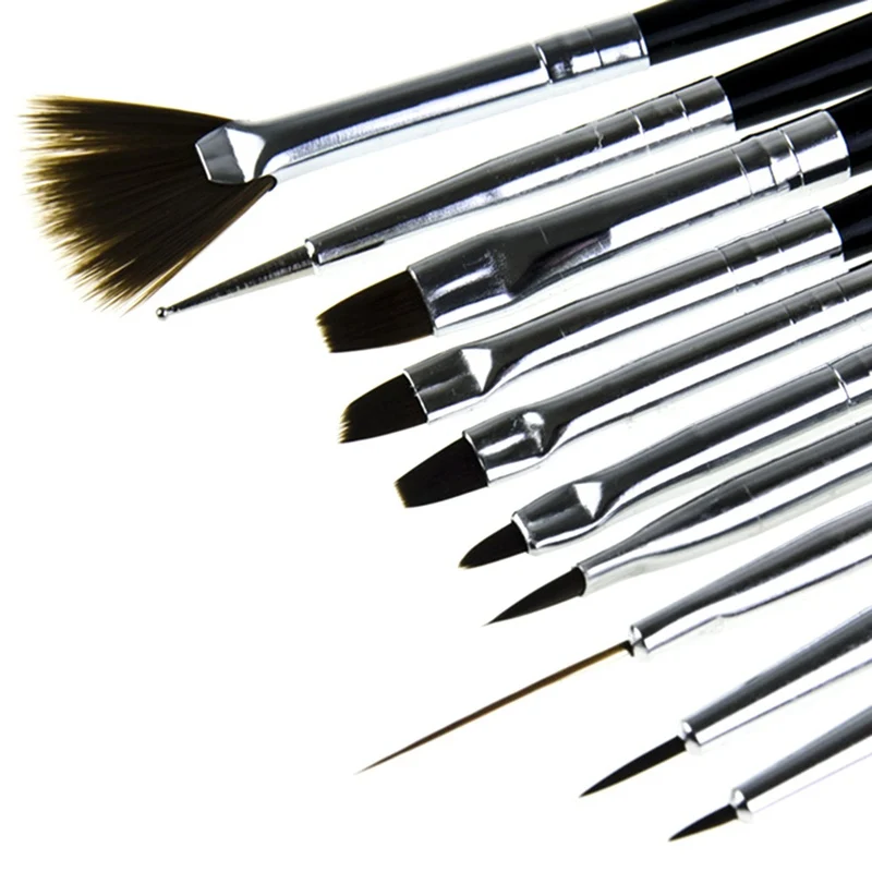 

10Pcs Nail Art Brush Liner Dotting Fan Design Acrylic Builder Flat Crystal Painting Drawing Carving Pen UV Gel Manicure Tool Set
