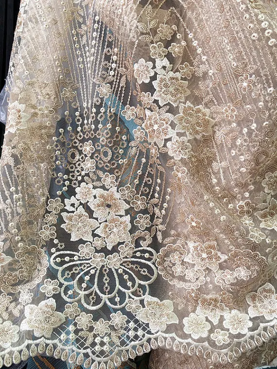 

bridal champagne gold lace fabric with gold sequins, gold sequined lace fabric with gorgeous flowers by the yard, jsf014