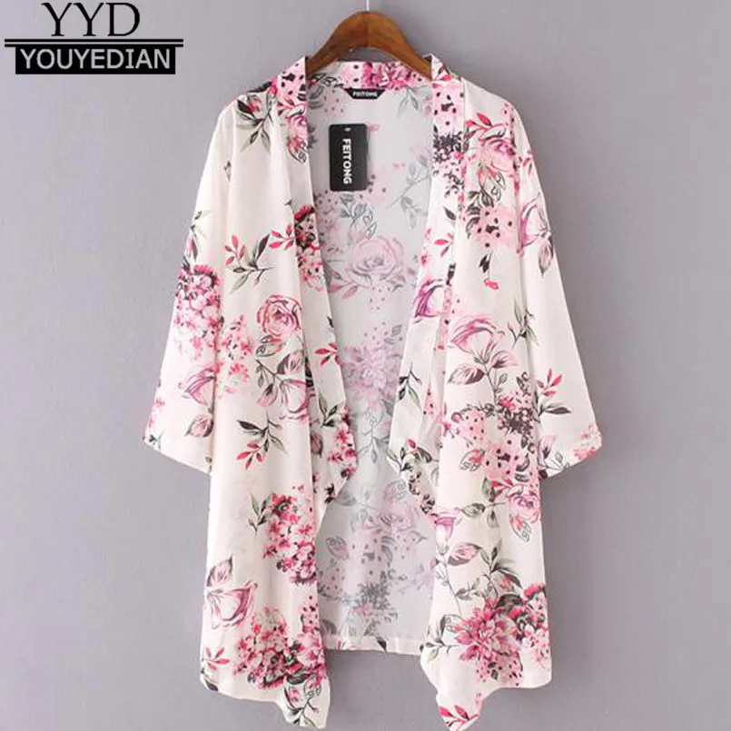 

Hot Sale Summer Women Tops Beachwear Kimono Cardigans Floral Print Chiffon Long Casual Women Blouses feminina Kimonos SY