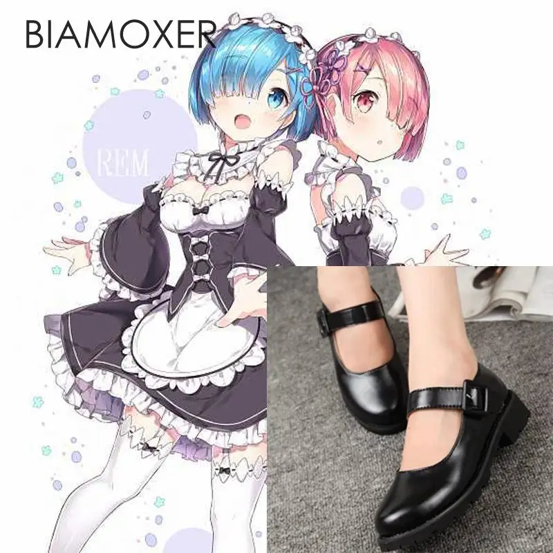 Biamoxer Re:Zero kara Hajimeru Isekai Seikatsu Ram Rem Kasugano Sora Women Maid Black Leather Flat Low Heel Shoes Cosplay