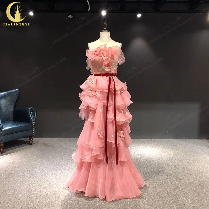 

JIALINZEYI Real Picture Sexy Marchesa Sleeves pink Flowers A-line Floor length Dresses Party Evening Dresses