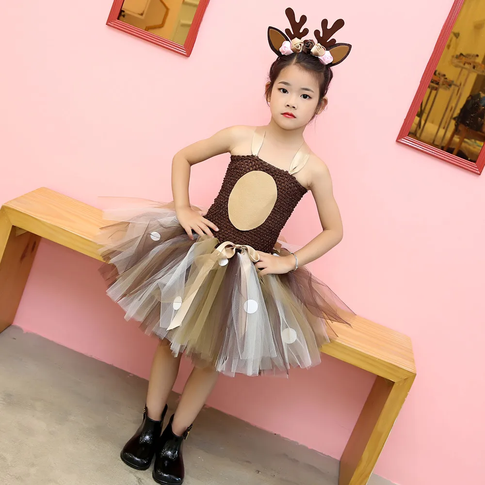 

Christmas Deer Costume for Kids Children Birthday Party Reindeer Dress Girls Halloween Xmas Deer Cosplay Clothes with Headband