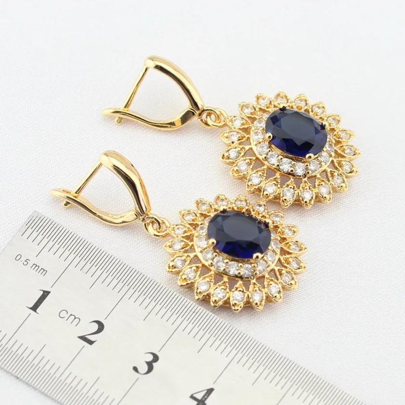 Синие камни белый CZ золотой цвет Ювелирные наборы для женщин серьги ожерелье кулон кольца подарочная коробка