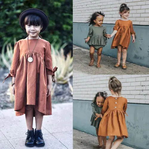 

New Summer Fashion Toddler Kid Girls Cotton 3/4 Sleeve Ruffle Gown Party Princess Pageant Long Sleeve Dresses Set