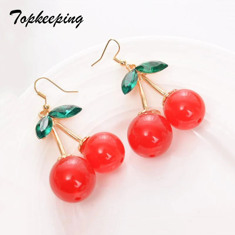 

Cute Cherry Dangle Earrings Simulated food Green Leaf Red Fruit Pendant Earring Jewelry for Women & Girls Crystal Drop Earrings