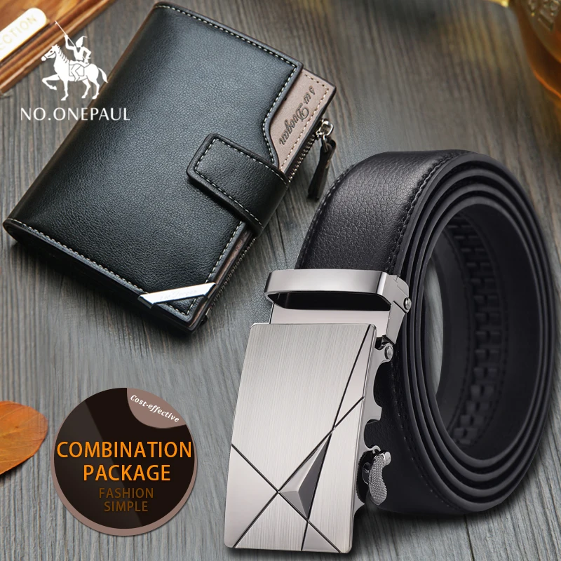 

set/sets suit Men Belt High Quality Cowhide Genuine Leather Business Black Belt Automatic Buckle Male Belts short Wallet Gift