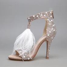 2017 Sexy Plus Size Summer Women High Heel Sandals Genunin Leather Rhinestone Feather Thin High Heel