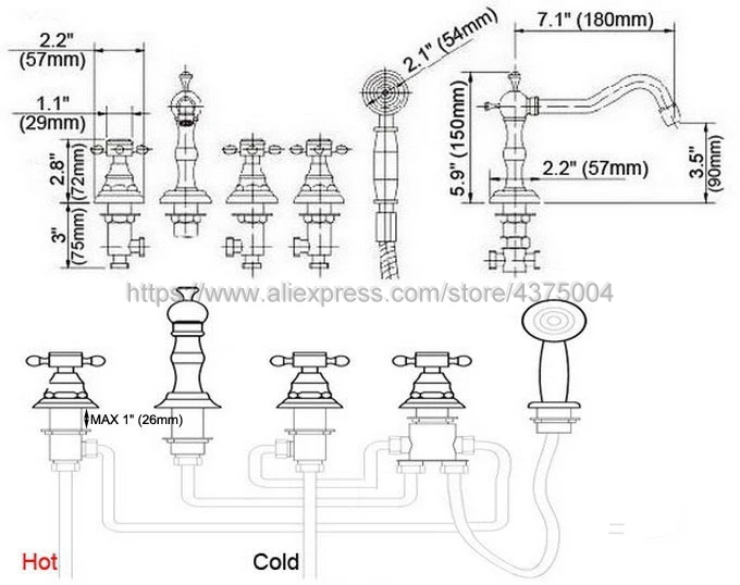 Antique Red Copper Deck Mounted 3 Handles Bathroom Tub Faucet 5 Holes Hand Shower Sink Mixer Tap Ntf222
