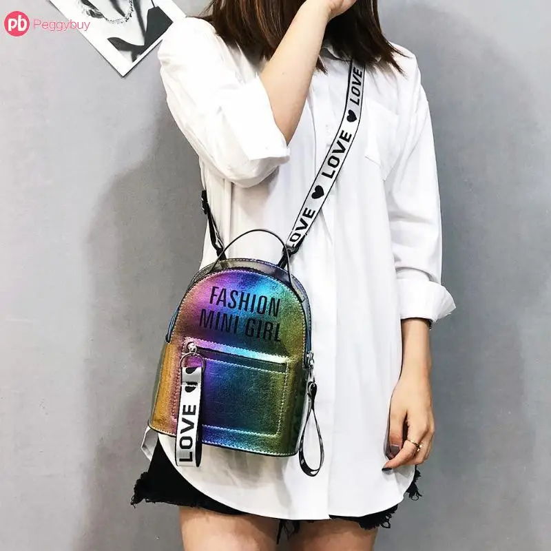 

Shining Women Backpack Pu Leather Female Mini Bag Girls Travel Shoulder Rucksack Letter Print Zipper Mochila Teen School Bags