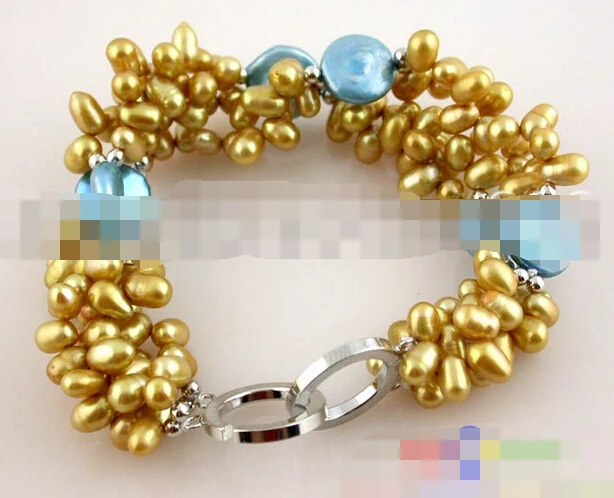 

free shipping 08740 2ROW CHAMPAGNE BLUE COIN FRESHWATER PEARL BRACELET