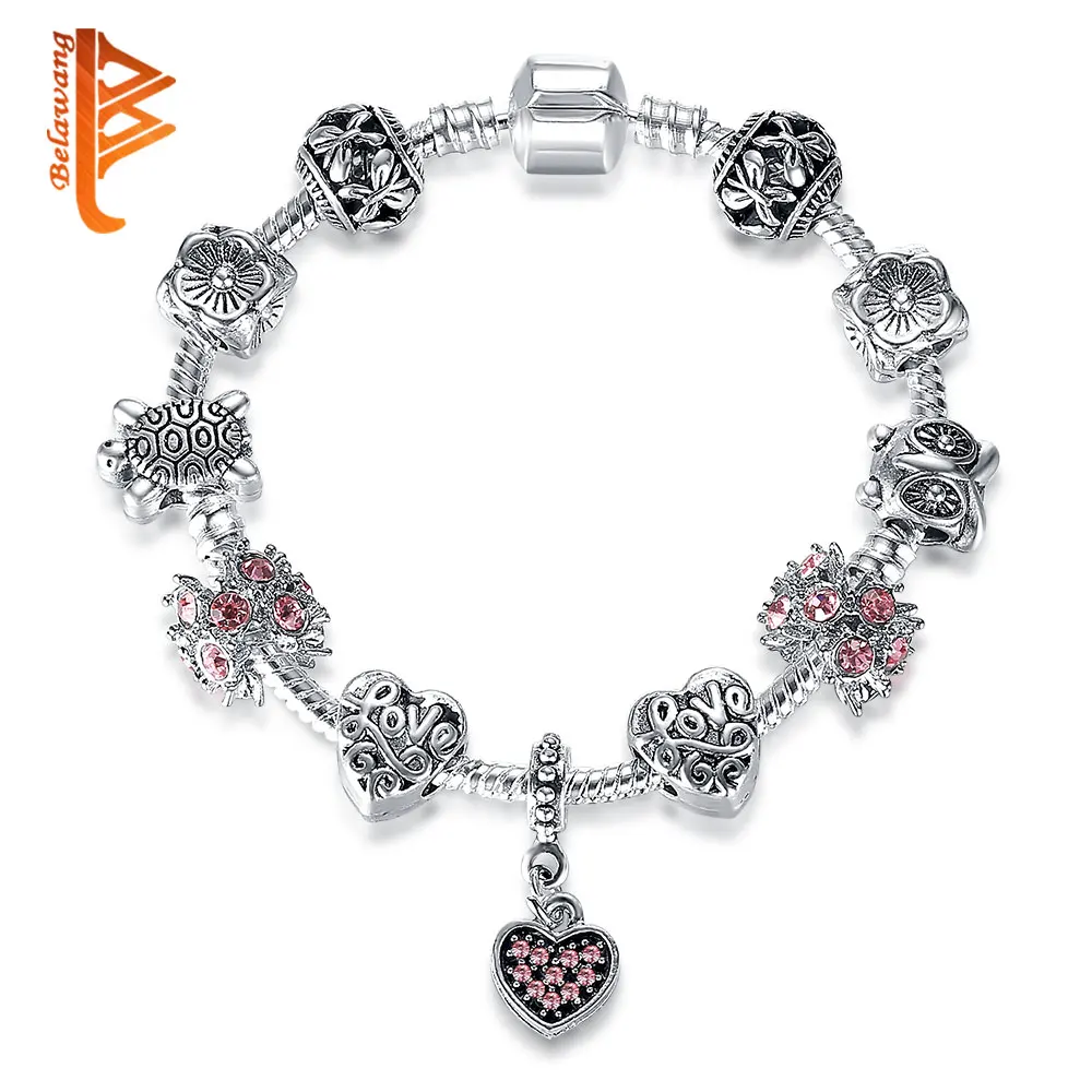 

BELAWANG Simple Friendship Bracelets Silver Heart Charm Bracelets with European Beads Bracelet for Women Girls Kids Jewelry