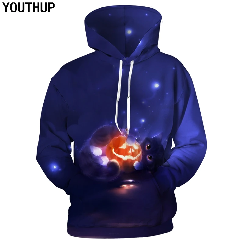 YOUTHUP 2018 Halloween Hoodies Men Cat Hooded Sweatshirts Men Pumpkin