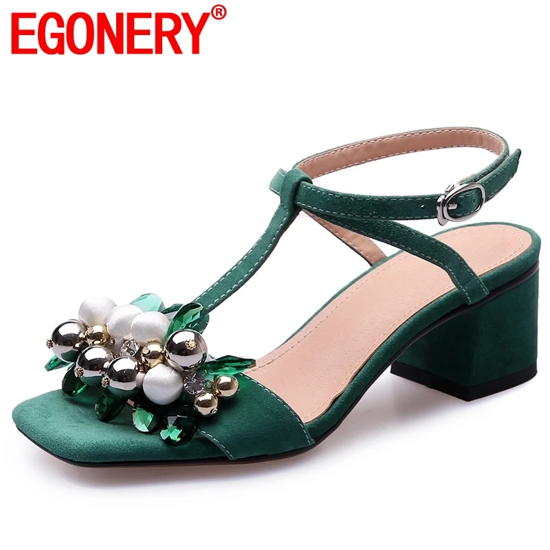 

EGONERY Kid Suede T-Strap woman Sandals summer party sexy solid green black pu leather Crystal 5 cm med Square heels women shoes