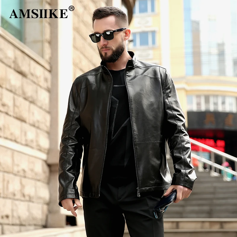 

AMSIIKE Men Jacket Genuine Leather Sheepskin Coats 2018 Slim Classic Black Male Outerwear Real Leather Jackets A8279 M-8XL