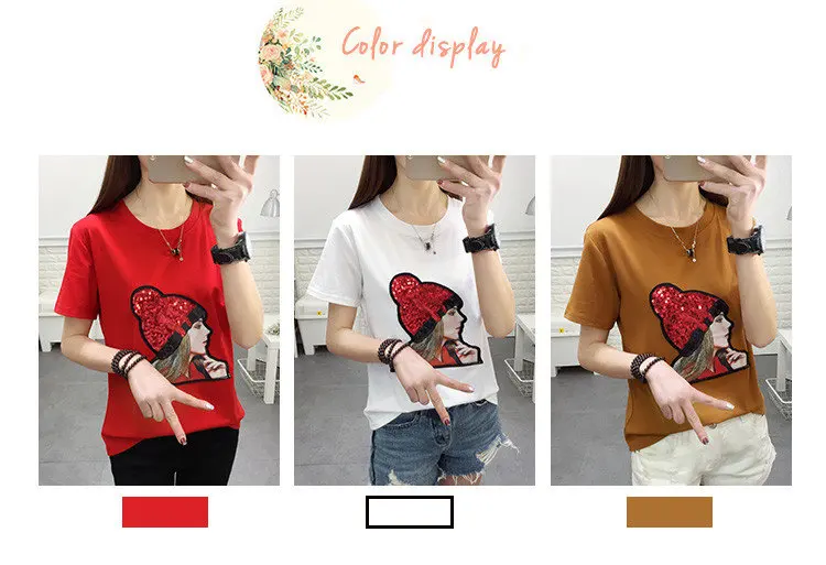 New Summer T-shirt Women Tshirt Plus Size Funny Print Tops Tees Femme Short Sleeve Sequins Poleras Mujer Moda 2018 (1)