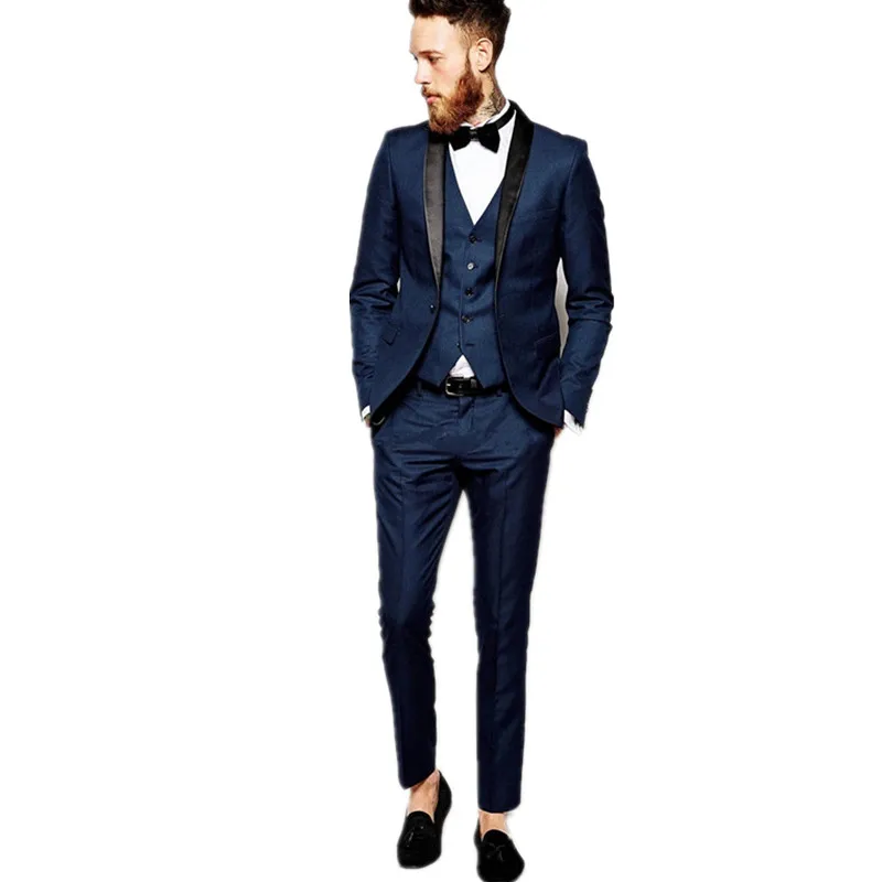 New Fashion Groom Men's Suit Blue Business Tuxedos Top Quality Wedding Suit Custom top + pants + vest