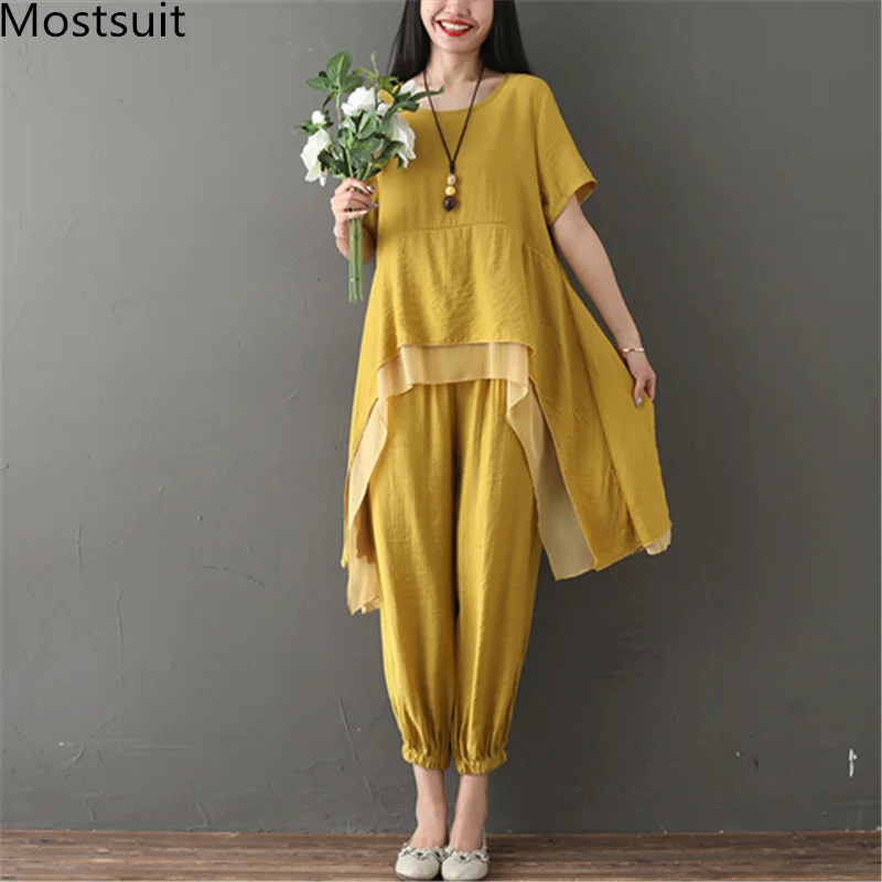 

2019 Summer Two Piece Sets Women Plus Size Short Sleeve Asymmetrical Tops And Pants Suits Casual Loose Women's 2 Piece Sets