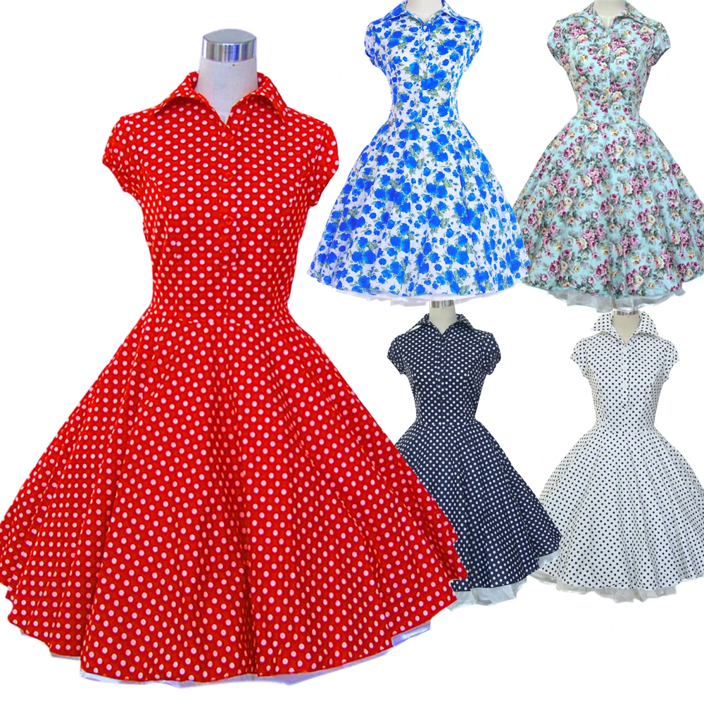

Women's 100% Cotton 40's 50's 60's Style Swing Vintage Dresses Print Floral Polka Dot Rockabilly Dress Robe Party Dresses