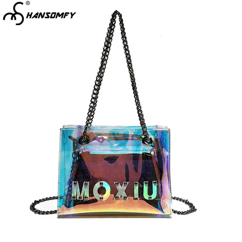 

Laser jelly Women bags fashion transparent female handbag tide wild Messenger bag letter chain jelly package girl shoulder Bags