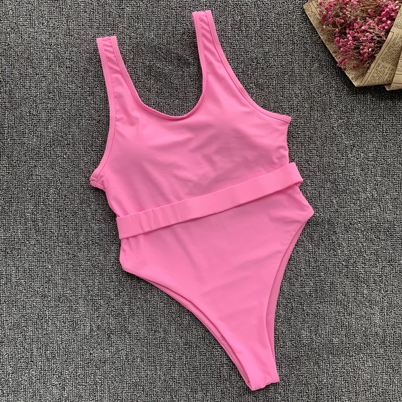 Одноцветный розовый цельный купальник, сексуальный бикини с поясом, новинка, боди с высокой посадкой, купальник для женщин, летний купальник, пляжная одежда, монокини