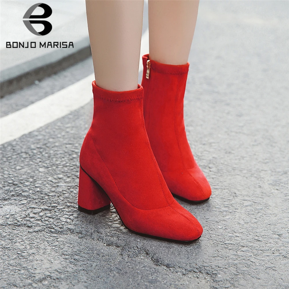 

BONJOMARISA 2019 New Fashion Plus Size 32-48 Autumn Boots Woman Shoes Chunky Heels Zipper Black Red Shoes Woman Boots Women