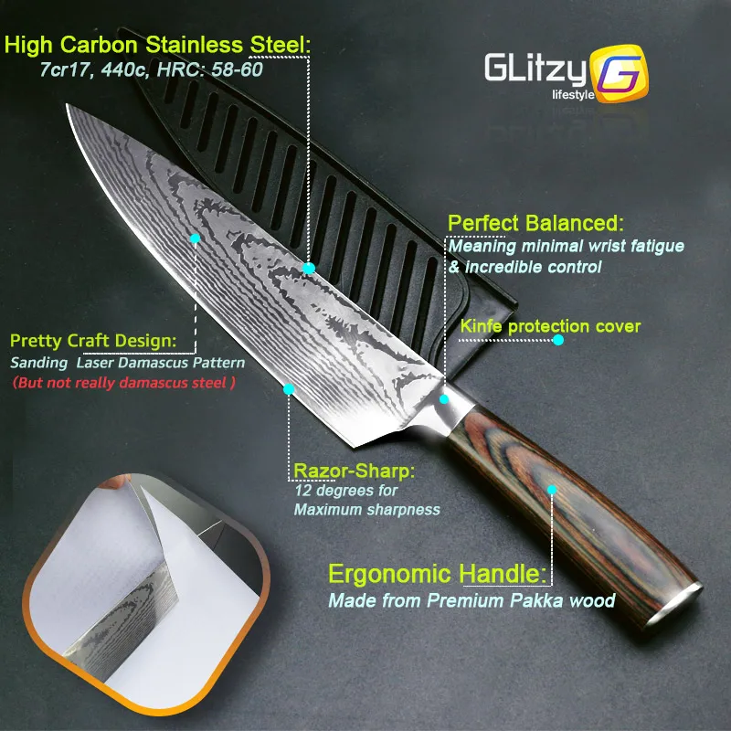 Kitchen knife 8 inch Chef Knives 7CR17 440C High Carbon Japanese Stainless Steel Imitated Damascus Sanding Laser Pattern Santoku