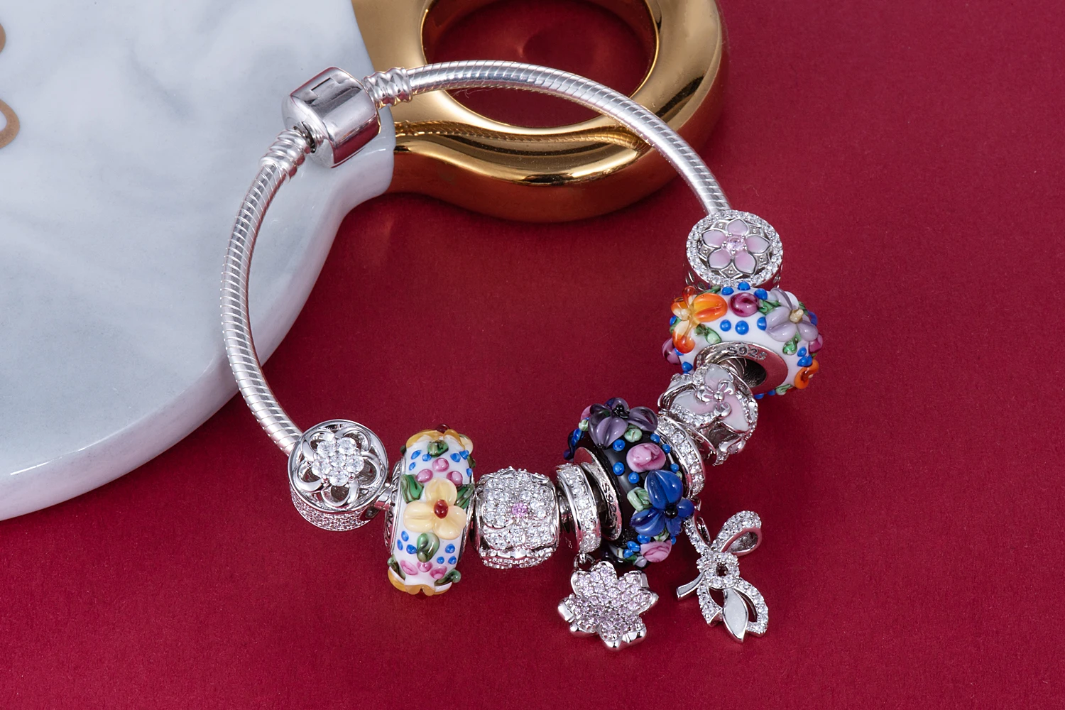 Фиолетовые цветы Стекло бусины 925 серебро Fit Pandora Браслеты и браслеты для Для женщин Jewelry Mum G GCLL039-2