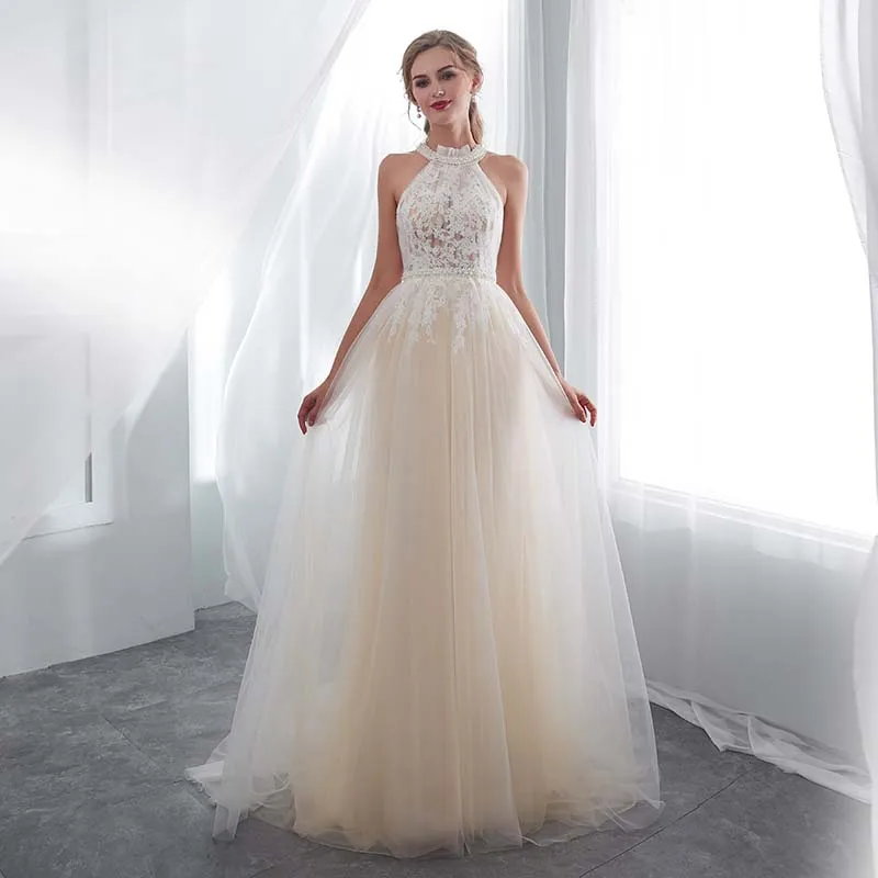 Boho Evening Dresses 2019 Romantic Beading Bride Dress Country Gowns Lace Tulle Beach Robe De Mariage Cheap 