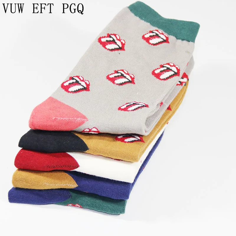 

5Pairs of Lot Autumn and Winter New Fun Men's Socks Five Colors Big Tongue In The Tube Cotton Socks Standard Size