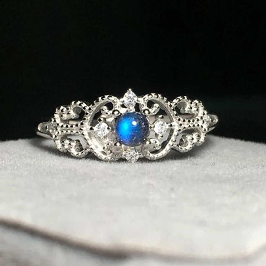 

925 Sterling Silver Luxury Women Wedding Ring Natural Labradorite Stone Beads Insert Crystal Charm Female Rings Jewelry Bijoux
