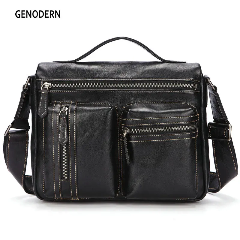 

GENODERN Genuine Leather Men's Messenger Bags Shoulder Bags High Quality Soft Cowhide Leather Travel Crossbody Bags Male Handbag